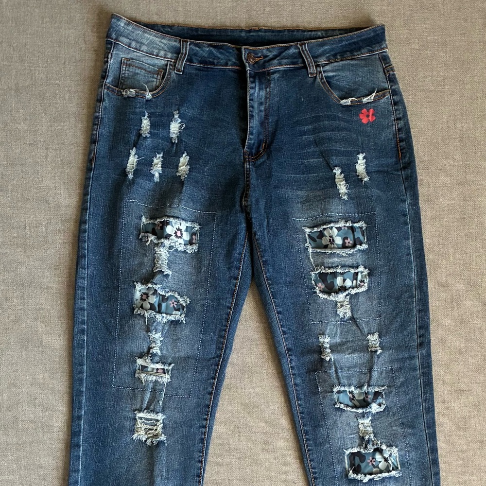 Distressed Floral Patch Jeans